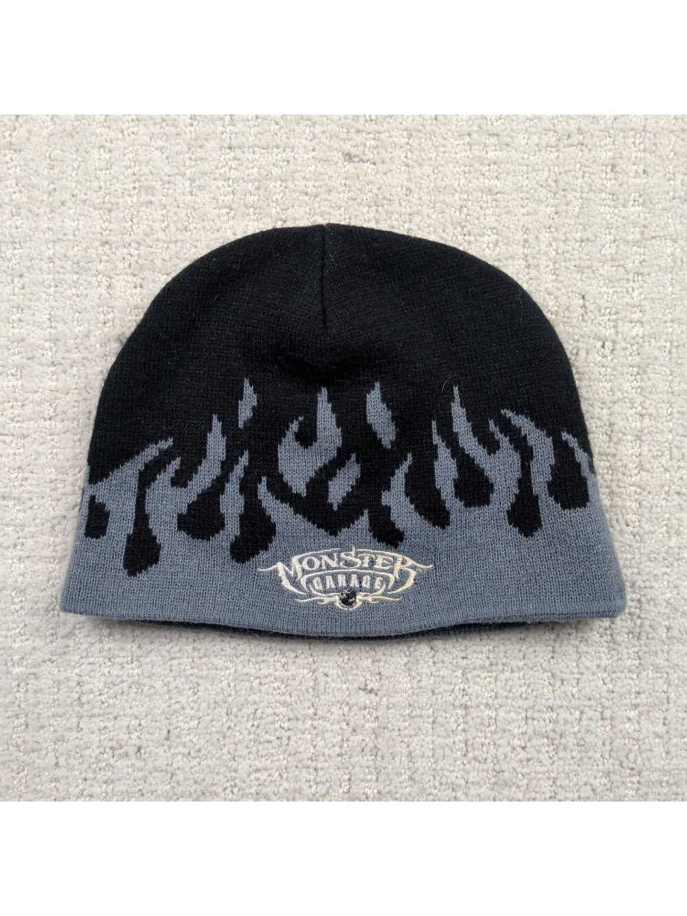 Y2K Monster Garage Beanie Skull Cap Flames Grunge Gorpcore Goth Skater 2000's
